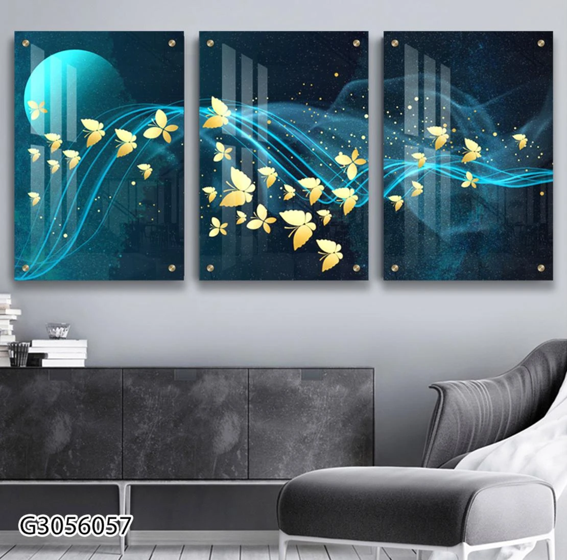 תמונות זכוכית לסלון בגווני טורקיז פרפרי הזהב דגם G3056057