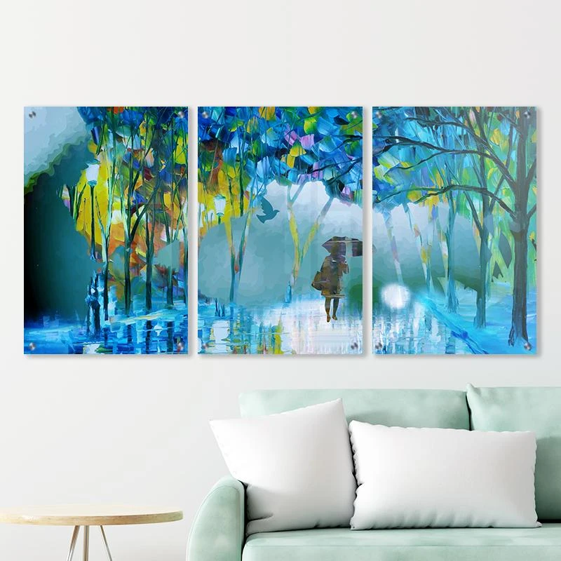 חורף בירושלים - סט תמונות זכוכית יער מעוצבות אישה ומטריה לתלייה בסלון משרד דגם 135122