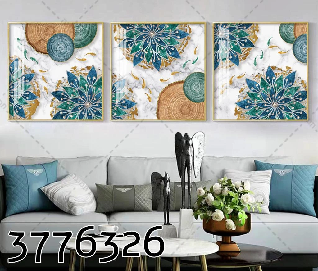 שלישית קנבס לתליה בסלון 'פרחים ודגים' דגם 3776326