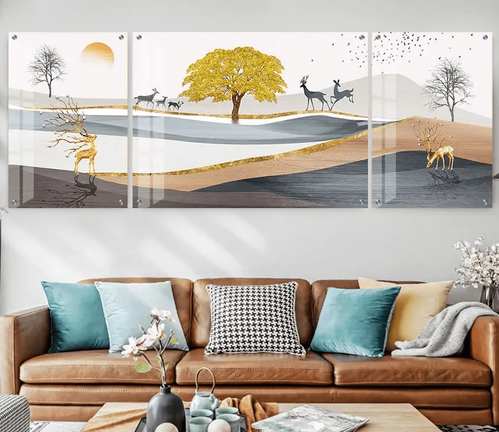 טרנדי: 3 תמונות זכוכית נופים ואיילים ועץ זהב בגווני אפור, זהב לסלון - דגם g24094864