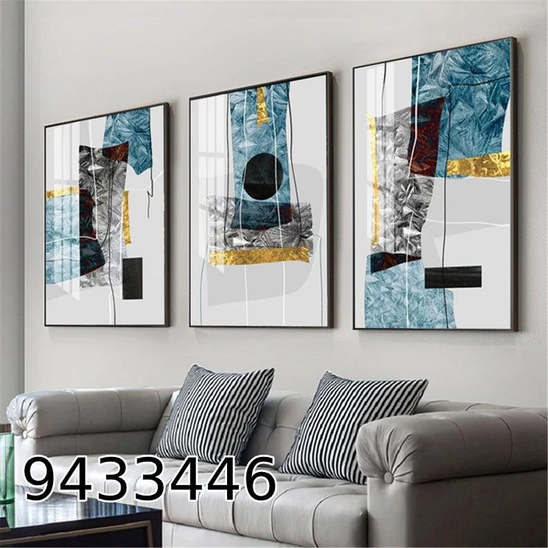 טריפל אבסטרקט תמונות מעוצבות למשרד בגווני טורקיז שחור וזהב לסלון דגם 9433446