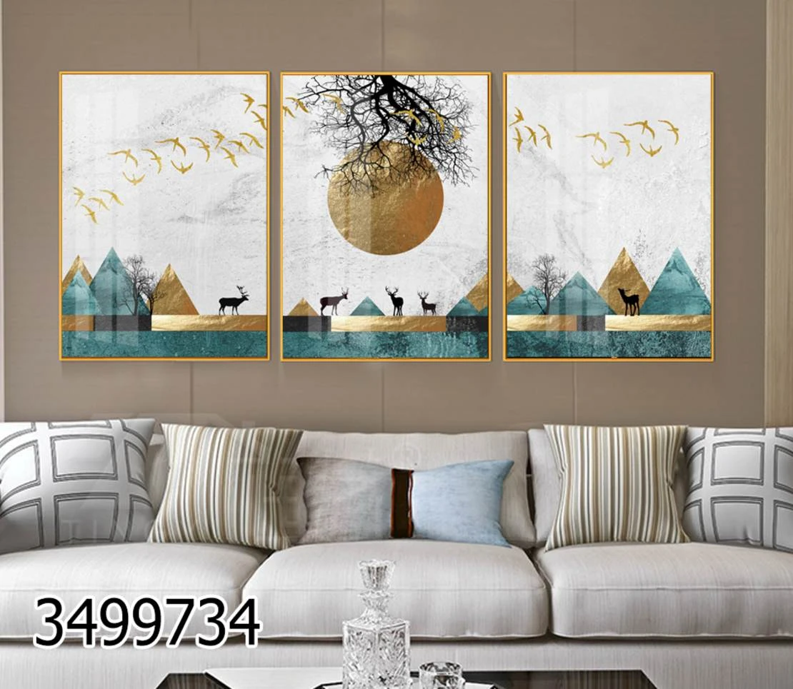 סט 3 תמונות זכוכית מותאם לסלון - טבע בסגנון מופשט ומודרני דגם 3499734