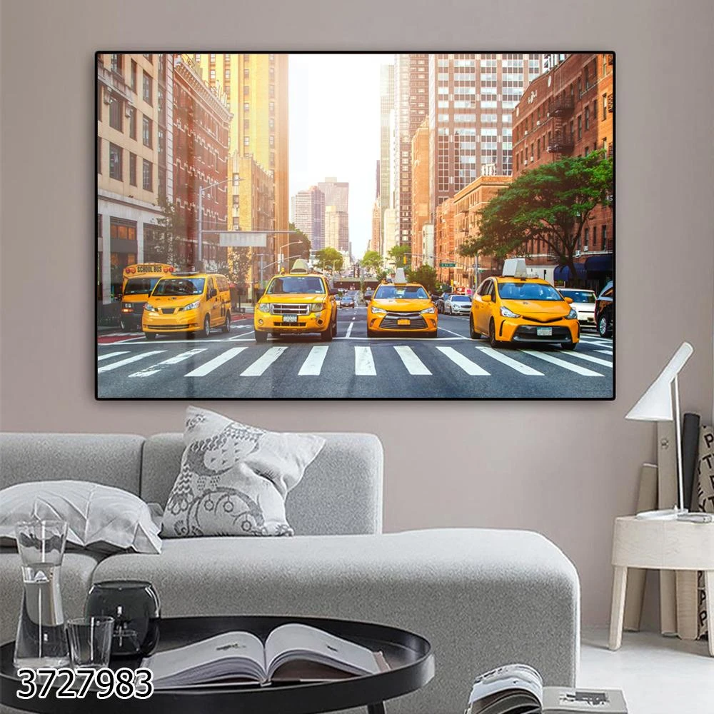 מוניות צהובות NEW YORK בשמש תמונות זכוכית של נוף אורבני למשרד או לובי דגם 3727983