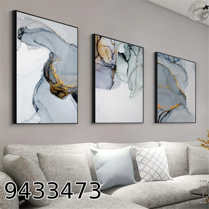סט תמונות קנבס אבסטרקט 3 חלקים בגווני תכלת זהב ולבן לתלייה בסלון דגם 9433473