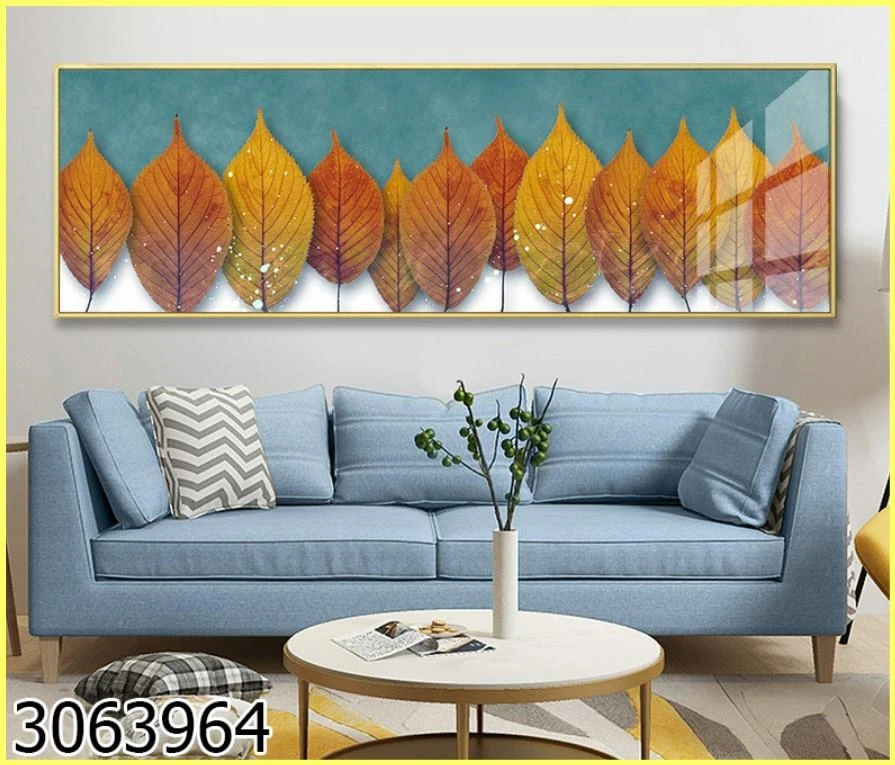 תמונות לסלון או לפינת אוכל פנורמי יוקרתי עלים כתומים בשלכת על רקע ירוק לבן דגם 3063964