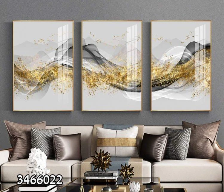 האבסטרקט השני - סט 3 תמונות זכוכית לסלון בגווני שמנת זהב דגם 3466022