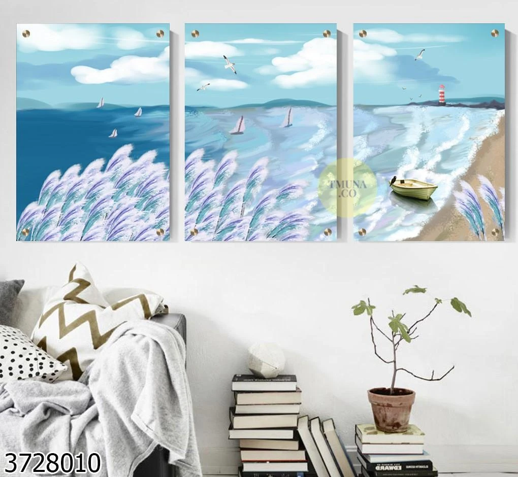 צבעי הים סט שלישית תמונות ציוריות של חוף ים מזכוכית לתלייה בסלון במשרד או לובי דגם 3728010