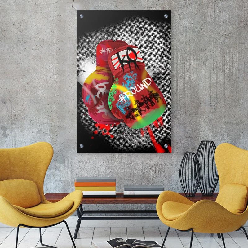 תמונה קיר למכון אגרוף כפפות אגרוף בגודל 70X100 ס"מ ציור בנושא גרפיטי, ציורים מגיע בקנבס מתוח על מסגרת עץ, זכוכית ומנטים כסופים - דגם 135320