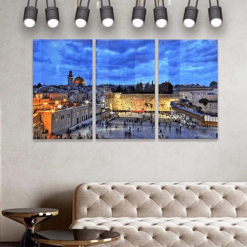 סט 3 תמונות זכוכית ירושלים של זהב שמים כחולים ציור בסגנון טבע ונופים - דגם Gleotm23082209