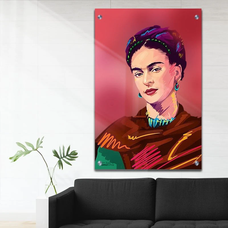 פרידה קאלו תמונת זכוכית לקליניקה רקע בורדו יוקרתי תמונת אמנות פופולארית על זכוכית בגווני אדום, חום - דגם galvtm47p2822