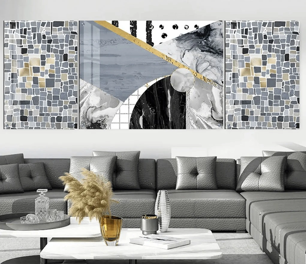 טרנדי: 3 תמונות זכוכית טיילס בגווני אפור, שחור, זהב לפינת אוכל - דגם g23932603