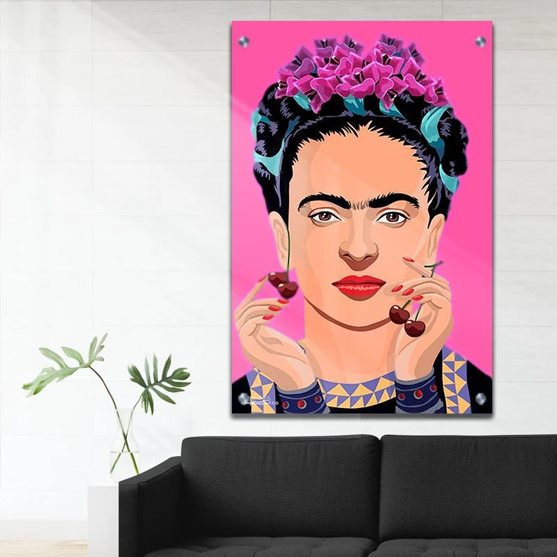 Frida Kahlo תמונת זכוכית לכניסה לבית דובדבן תמונת אמנות פופולארית על זכוכית בגווני ורוד, ברווון - דגם galvtm47p2829