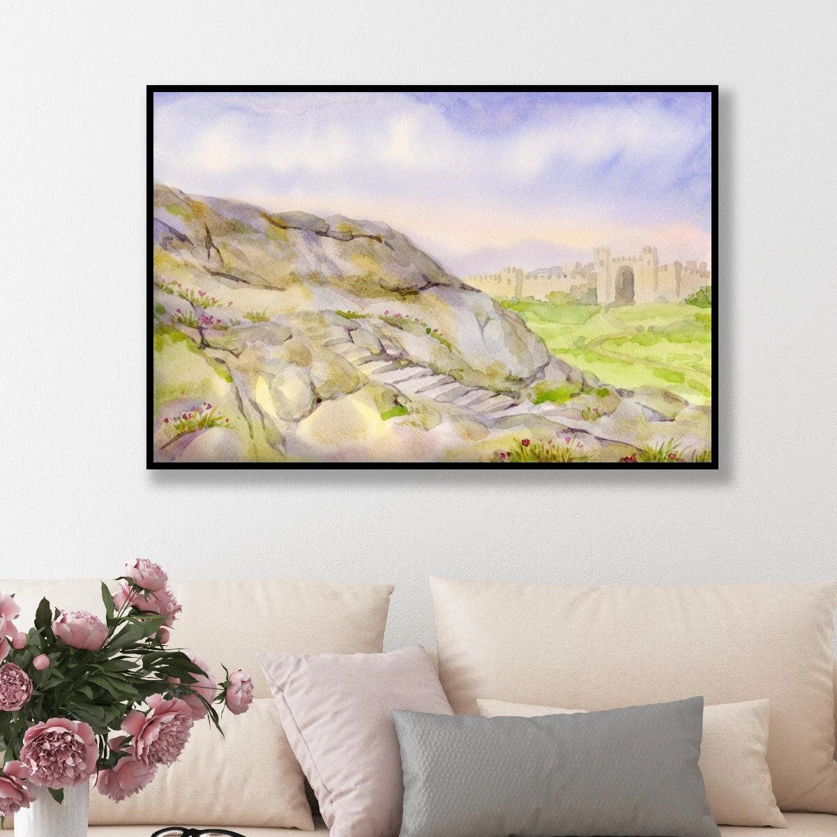 ציור יפה של הרי ירושלים הדפסת תמונה יהודית של ירושלים על קנבס או זכוכית לסלון דגם 3728200