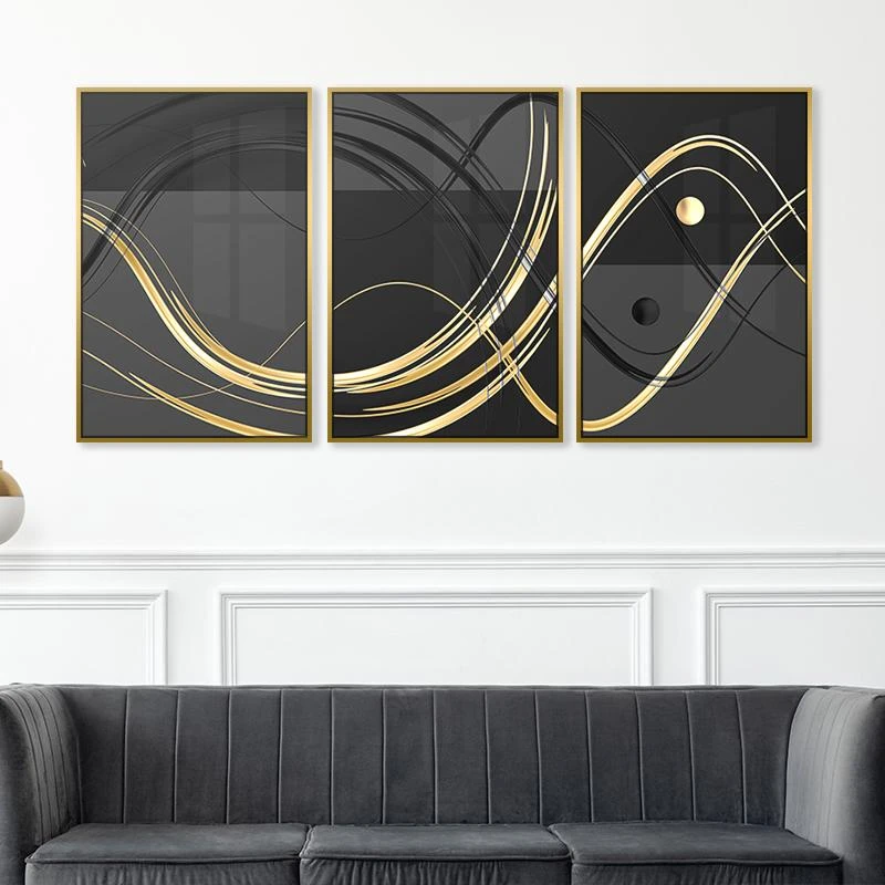 מודרני שחור זהב שלישיית תמונות לסלון מודרניות מיוחדות מוכנות לתלייה דגם 135325