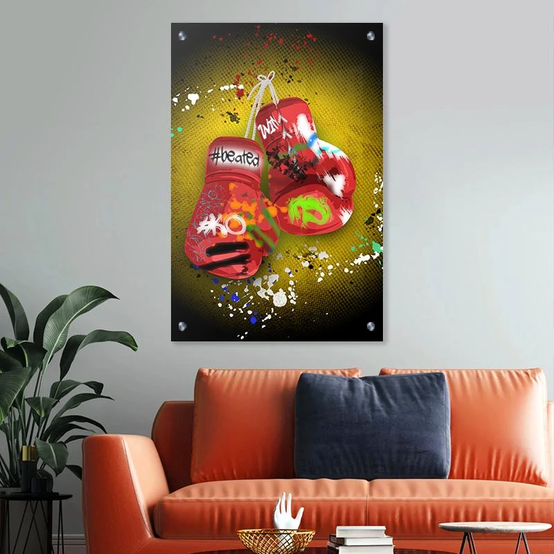 תמונה קיר למכון אגרוף כפפות אגרוף רקע אדום בגודל 40X60 ס"מ ציור בנושא גרפיטי, ציורים מגיע בקנבס מתוח על מסגרת עץ, זכוכית ומנטים כסופים - דגם 135321