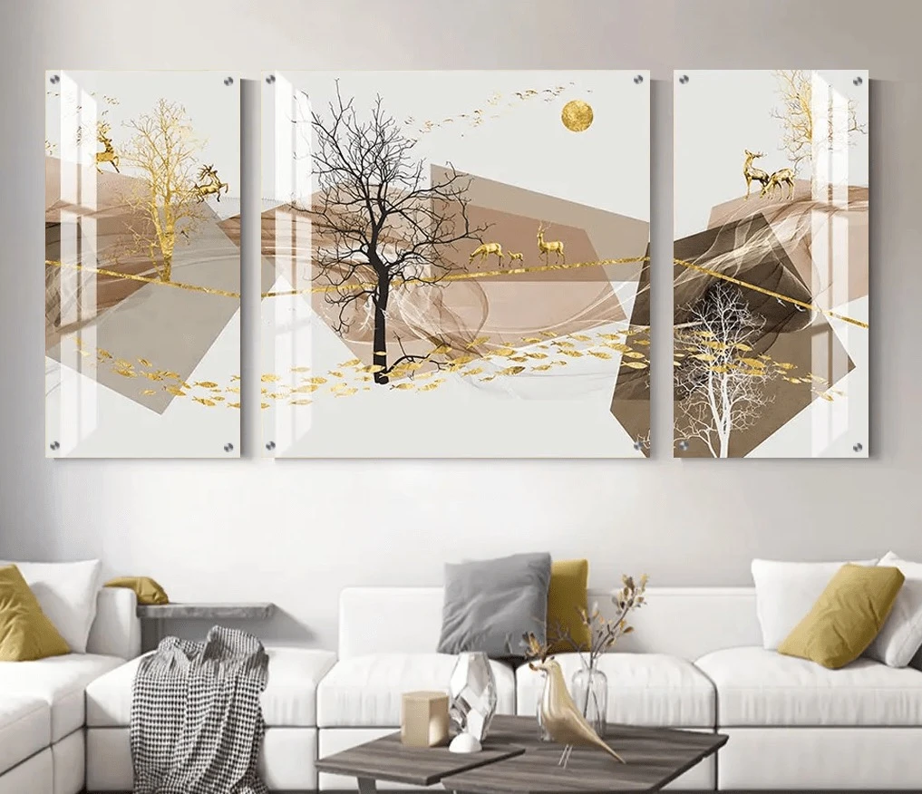 טרנדי: 3 תמונות זכוכית זכוכית סלון איילים חום רקע בהיר בגווני אפור, חום, זהב למטבח - דגם g24364309