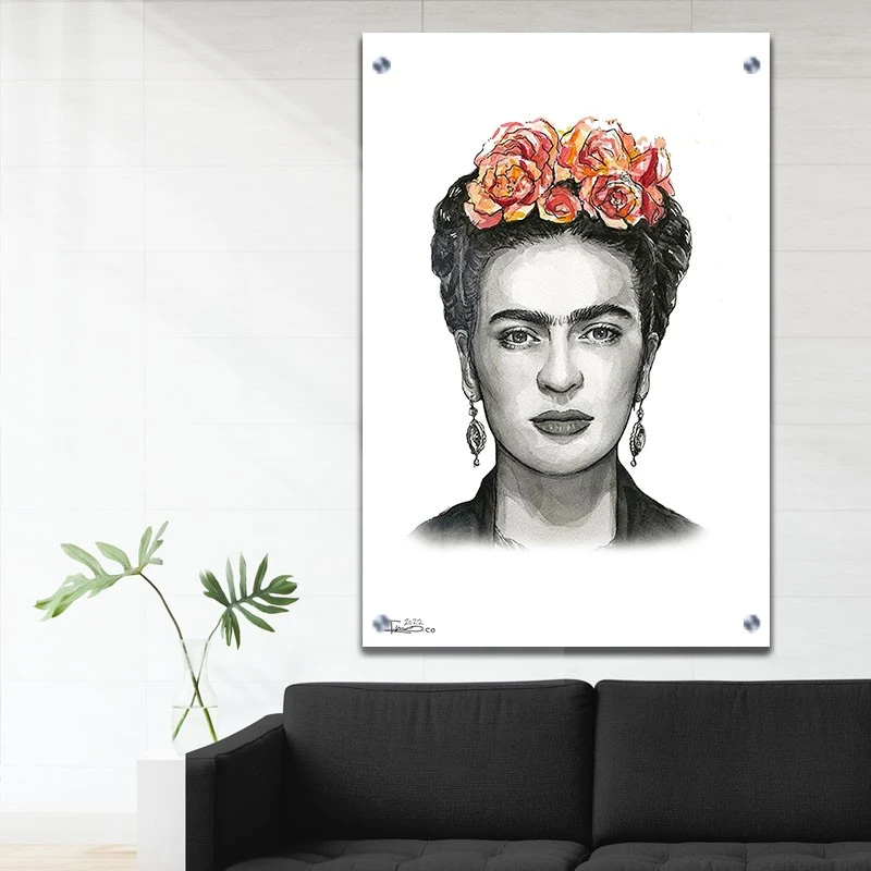 Frida Kahlo תמונת זכוכית לסלון סקיצה תמונת אמנות פופולארית על זכוכית בגווני אפור, שחור, ורוד - דגם galvtm47p2821
