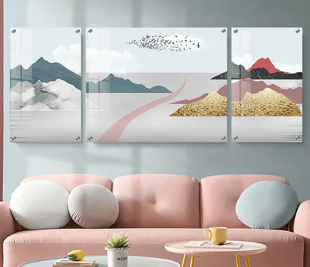 טרנדי: 3 תמונות זכוכית נוף ורוד בגווני אפור, זהב, כחול לחדר שינה - דגם g23701500