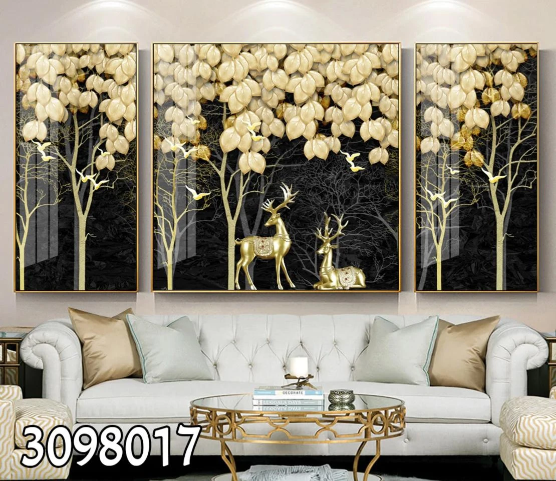 סט תמונות קנבס איילות מזהב סט 3 תמונות לסלון מק"ט 3098017