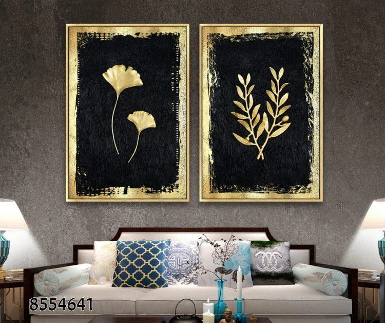 אבסטרקט במראה יוקרתי לסלון - סט 2 תמונות בגווני שחור זהב דגם 8554641