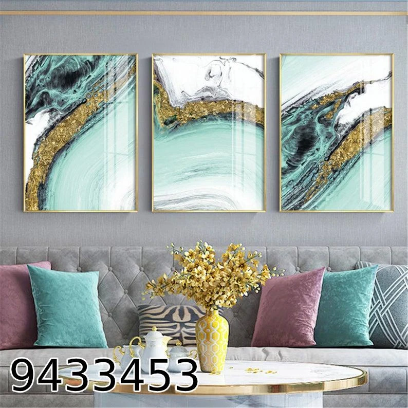 סט 3 חלקים אבסטרקט תכלת זהב לבן לתלייה בסלון דגם 9433453