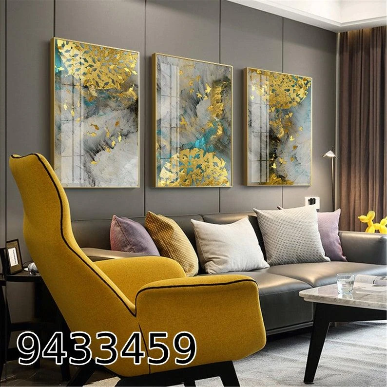 סט 3 תמונות קנבס עלים זהובים לתלייה בסלון דגם 9433459
