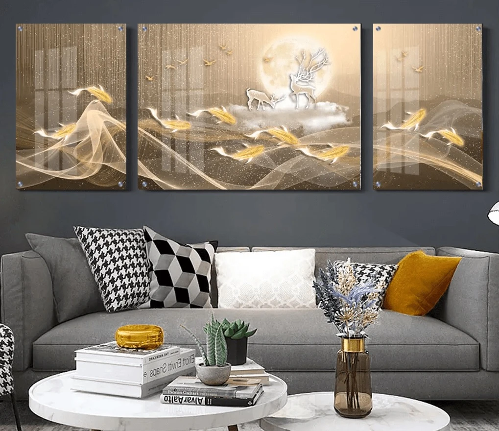 טרנדי: 3 תמונות זכוכית החיים על החלל I בגווני זהב, אפור למשרד - דגם g27993960