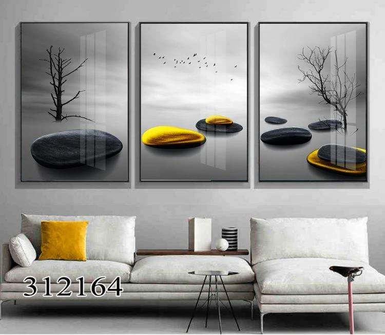 'אבני חן במים' סט 3 תמונות צבע עיקרי אפור של נוף על קנבס לסלון דגם 312164