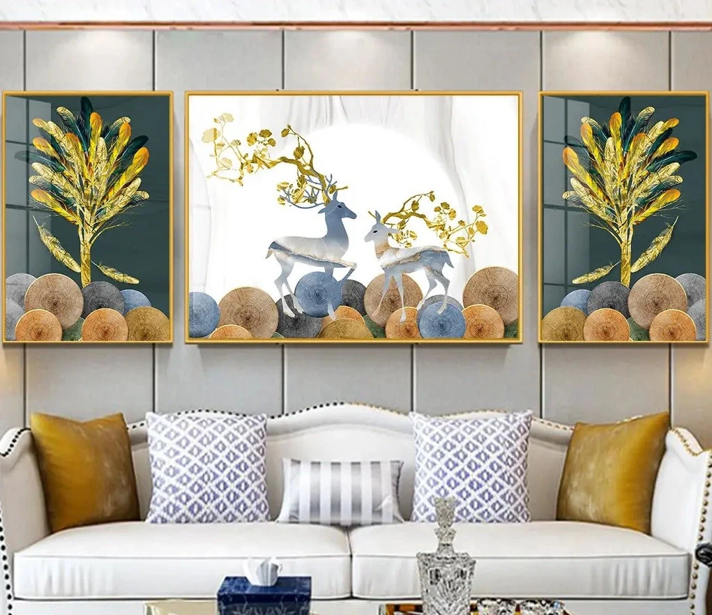 סט 3 תמונות לקירות של חיות איילים עיצוב מיוחד נוצות לסלון - דגם 23688496