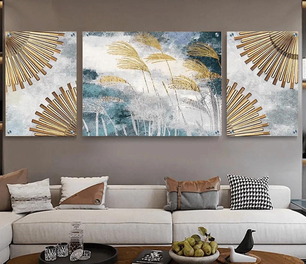 טרנדי: 3 תמונות זכוכית ים ושמים בגווני זהב, כחול, אפור לסלון - דגם g23903350