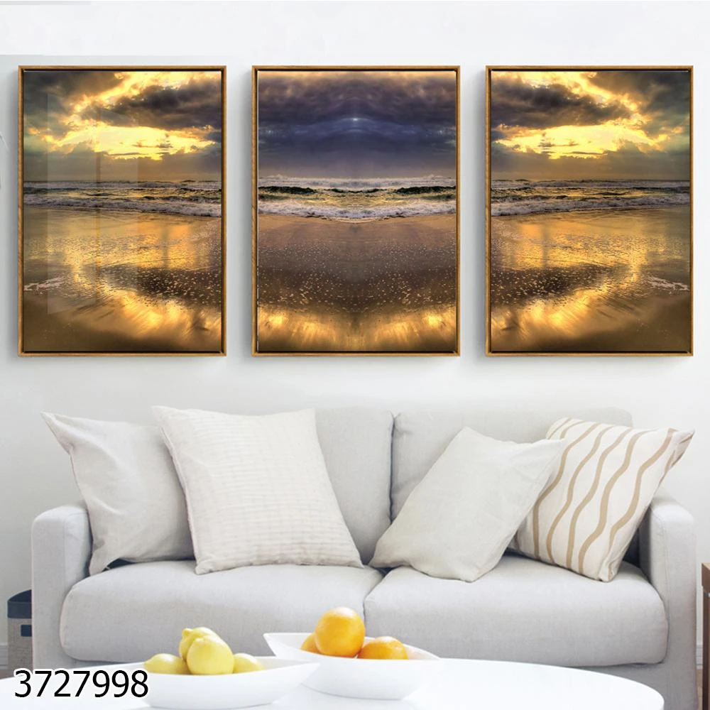 סט 3 תמונות קנבס מדהימות של שקיעת ערב חוף ים לתלייה בסלון או בכניסה לבית דגם 67671