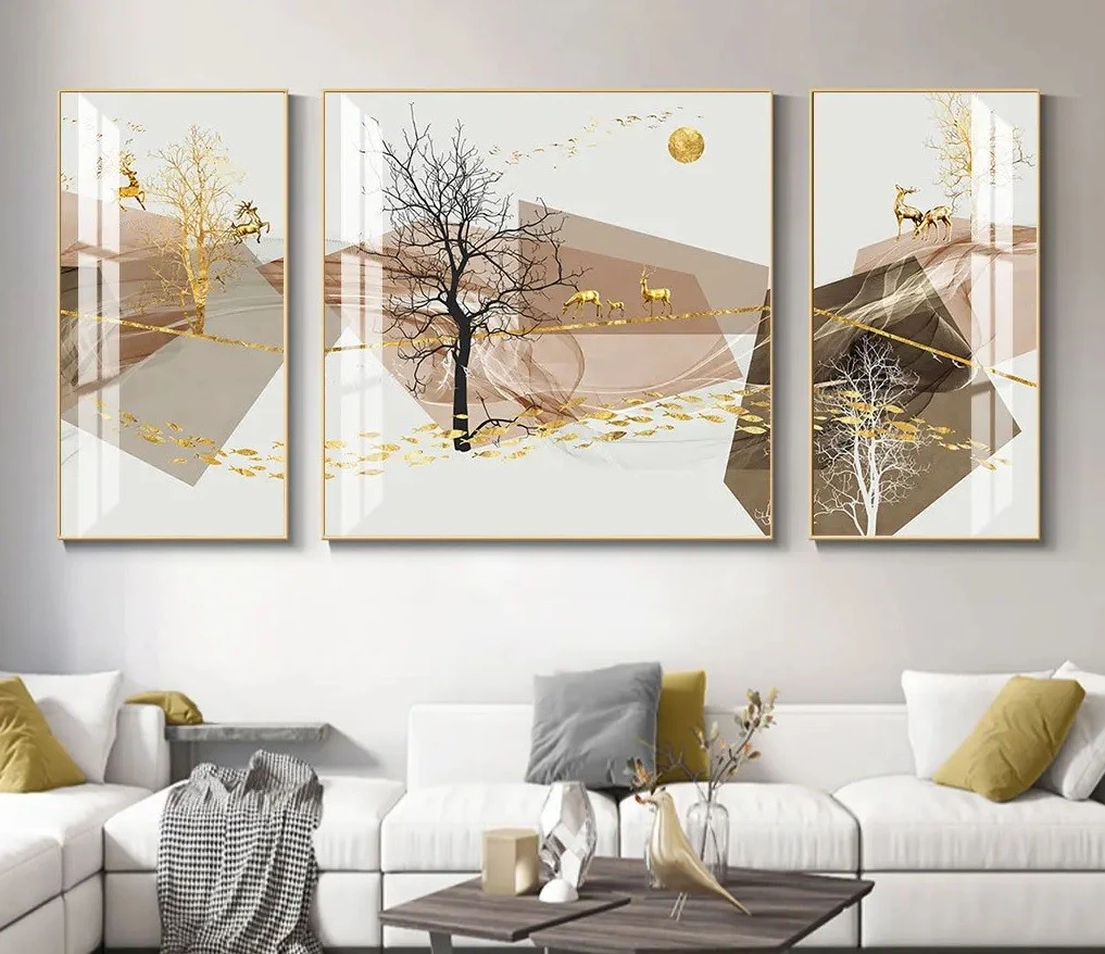 סט 3 תמונות קנבס מחולקות קנבס סלון איילים חום רקע בהיר עיצוב מיוחד טבע ונופים למטבח - דגם 24364309