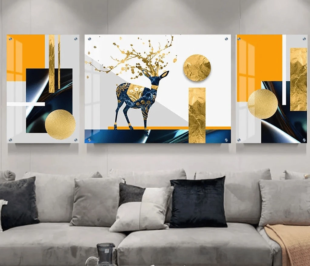 טרנדי: 3 תמונות זכוכית אייל בשילוב סגנון גיאומטרי בגווני זהב, אפור לקליניקה - דגם g24070764