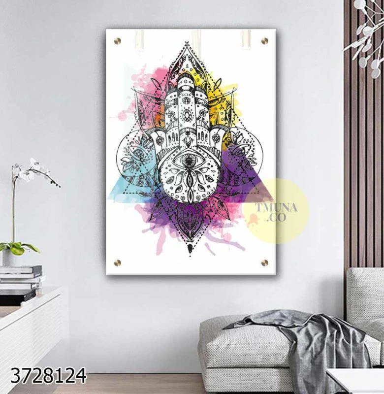 חמסה בעיצוב המשולש צבעוני תמונה על זכוכית לכניסה לבית לחדר למשרד דגם 3728124