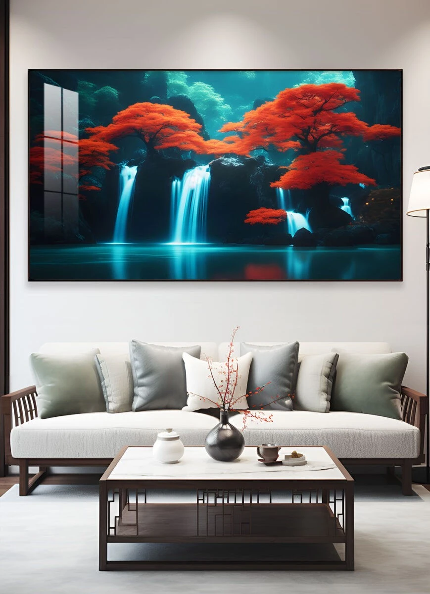 עצים אדומים עיוצב מיוחד על זכוכית או קנבס למשרד ציור בצבעי אדום - דגם 34069133