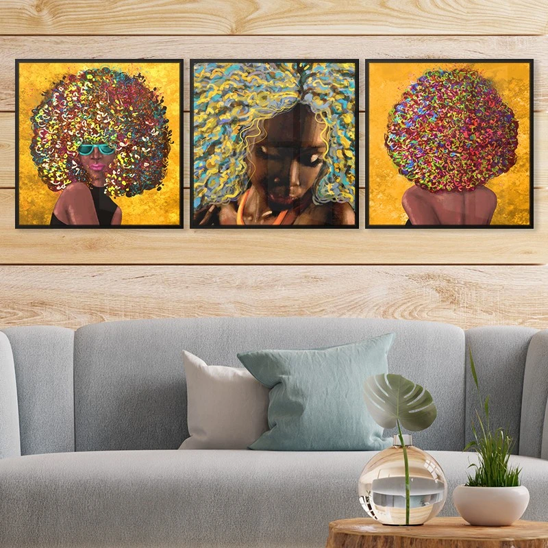 שלישיית תמונות קנבס לסלון אישה יפה שיער תמונות מחולקות פופארט - דגם 135294