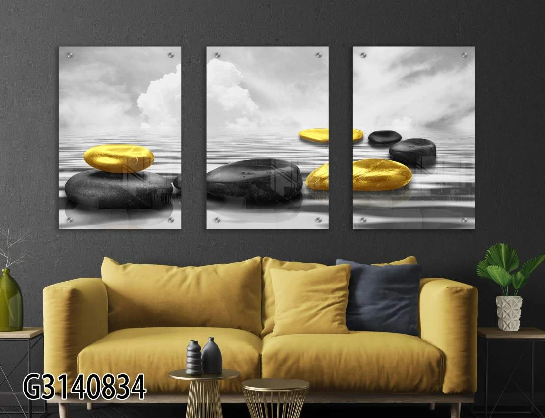 אבני ים - סט תמונות זכוכית על ים אפור סגנון מודרני מתאימות לסלון דגם G3140834