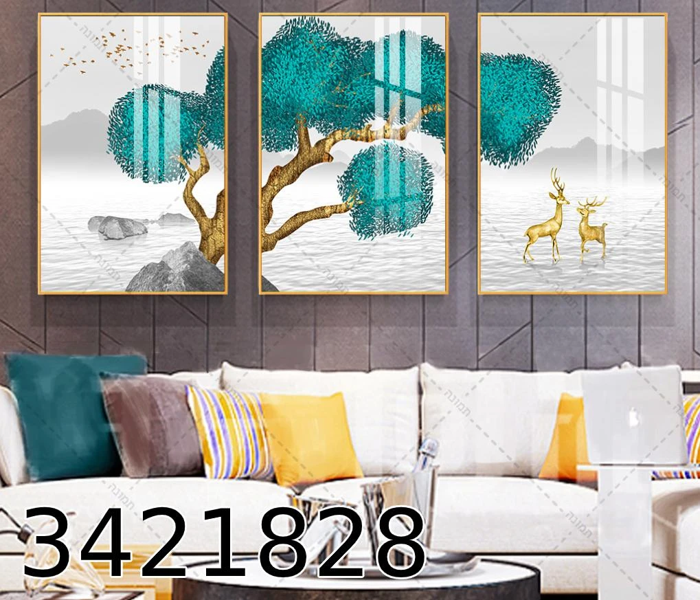 סט שלישית תמונות 'איילים תחת עץ' לתליה בסלון דגם 3421828