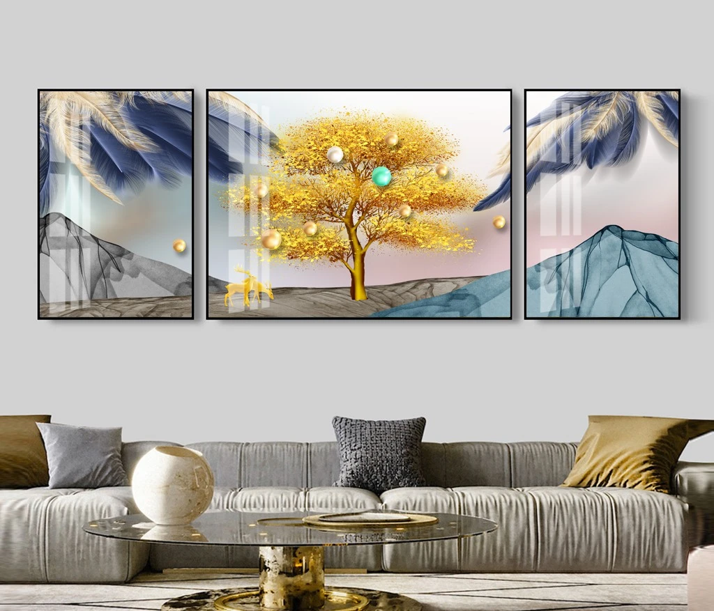 סט 3 תמונות מזכוכית מחולקות בסגנון תלת מימד סוריאליסטי לסלון או לפינת אוכל דגם 3728513