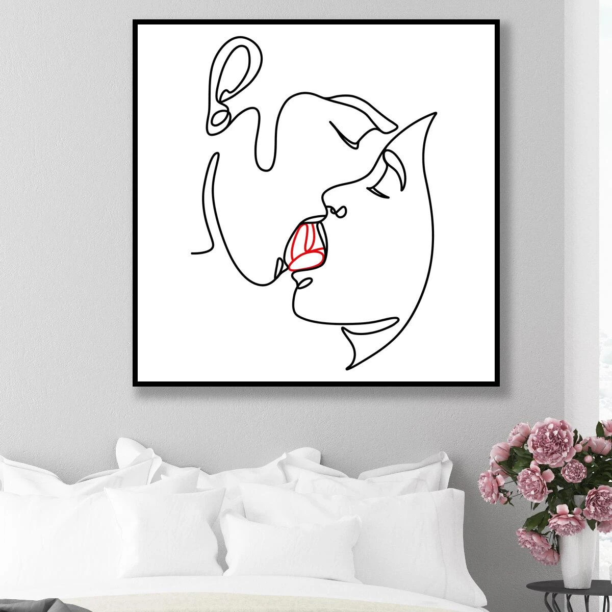 תמונה אהבה בקו אחד על זכוכית או קנבס סגנון מינימליסטי לחדר שינה דגם 3728374