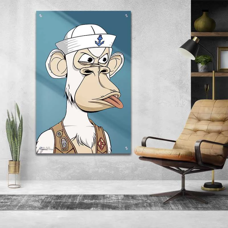 קוף מלח תמונת זכוכית לקליניקה בגווני כחול, לבן, חום הדפסה על זכוכית בעלי חיים - דגם alvtm46p2731