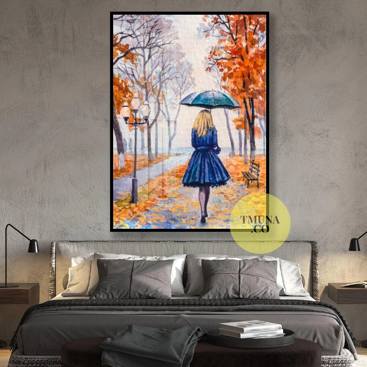 האישה בכחול - ציור סתווי יפה בהדפסה על קנבס או זכוכית לתליה בחדר שינה או בקליניקה דגם 3728670