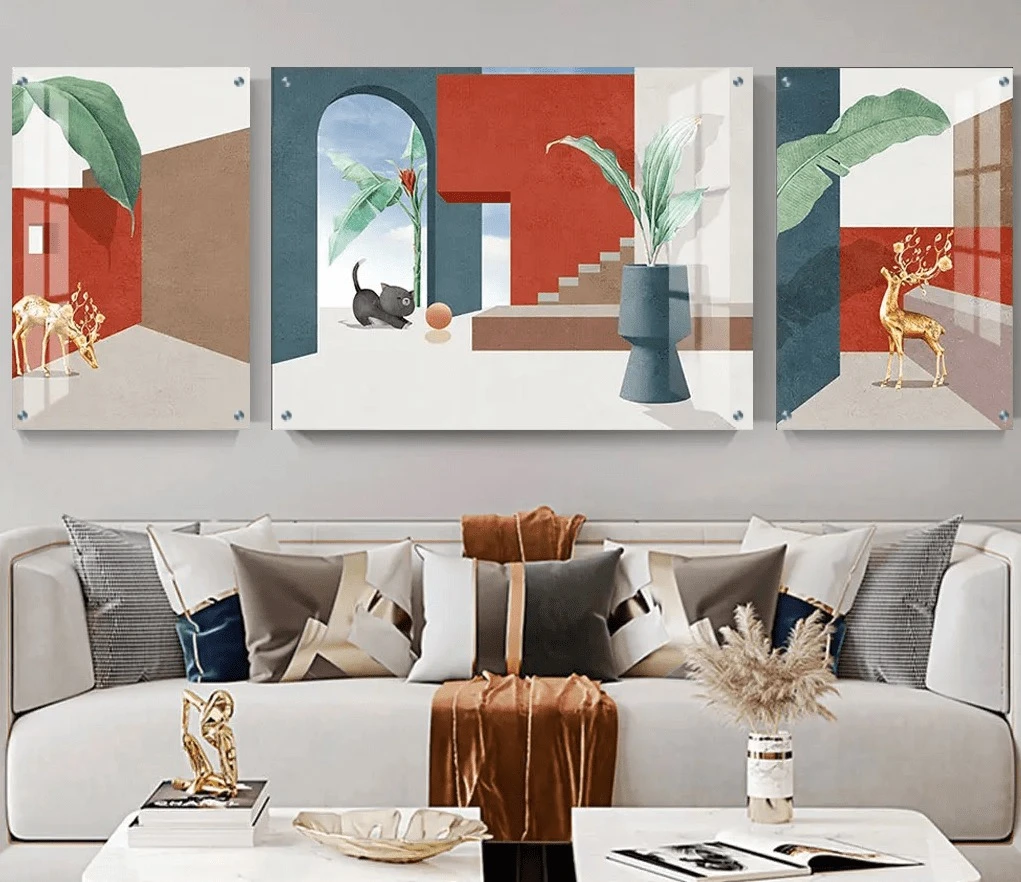 טרנדי: 3 תמונות זכוכית איילות בורדו ירוק בגווני כחול, כתום, אפור לקליניקה - דגם g24361136