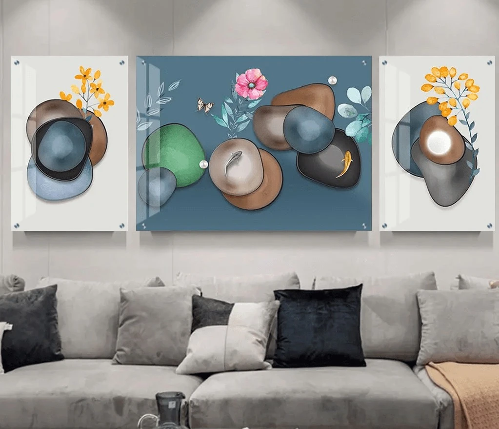 טרנדי: 3 תמונות זכוכית פרח ורוד פרחים II בגווני כחול, אפור, חום, ורוד לסלון - דגם g24098270