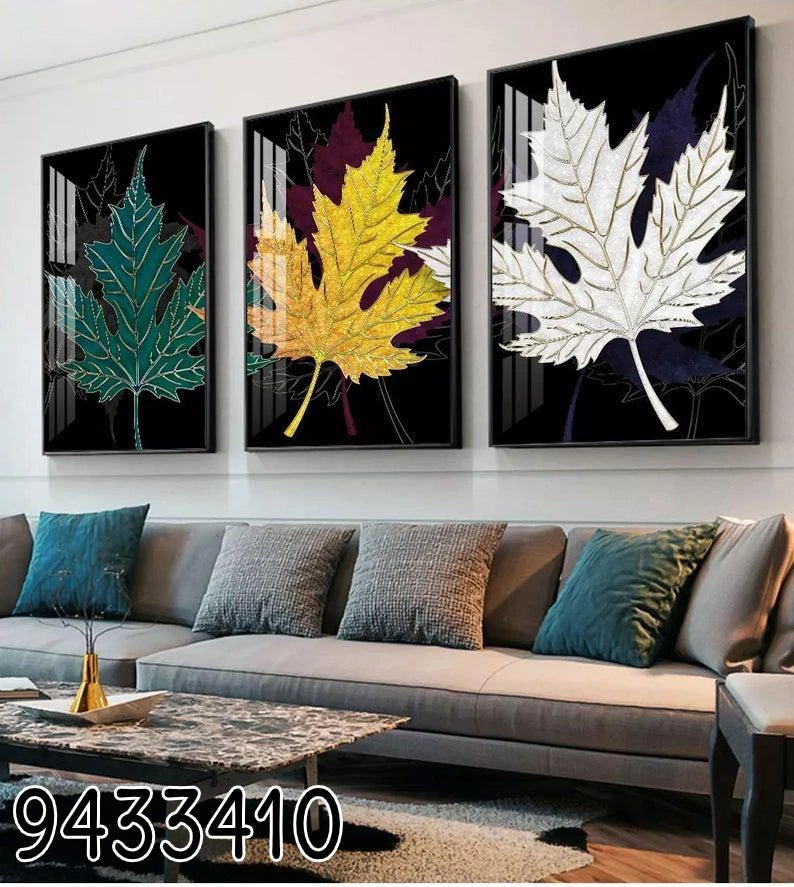 'שלושה עלים' בגווני ירוק צהוב לבן טריפל תמונות זכוכית דגם 9433410