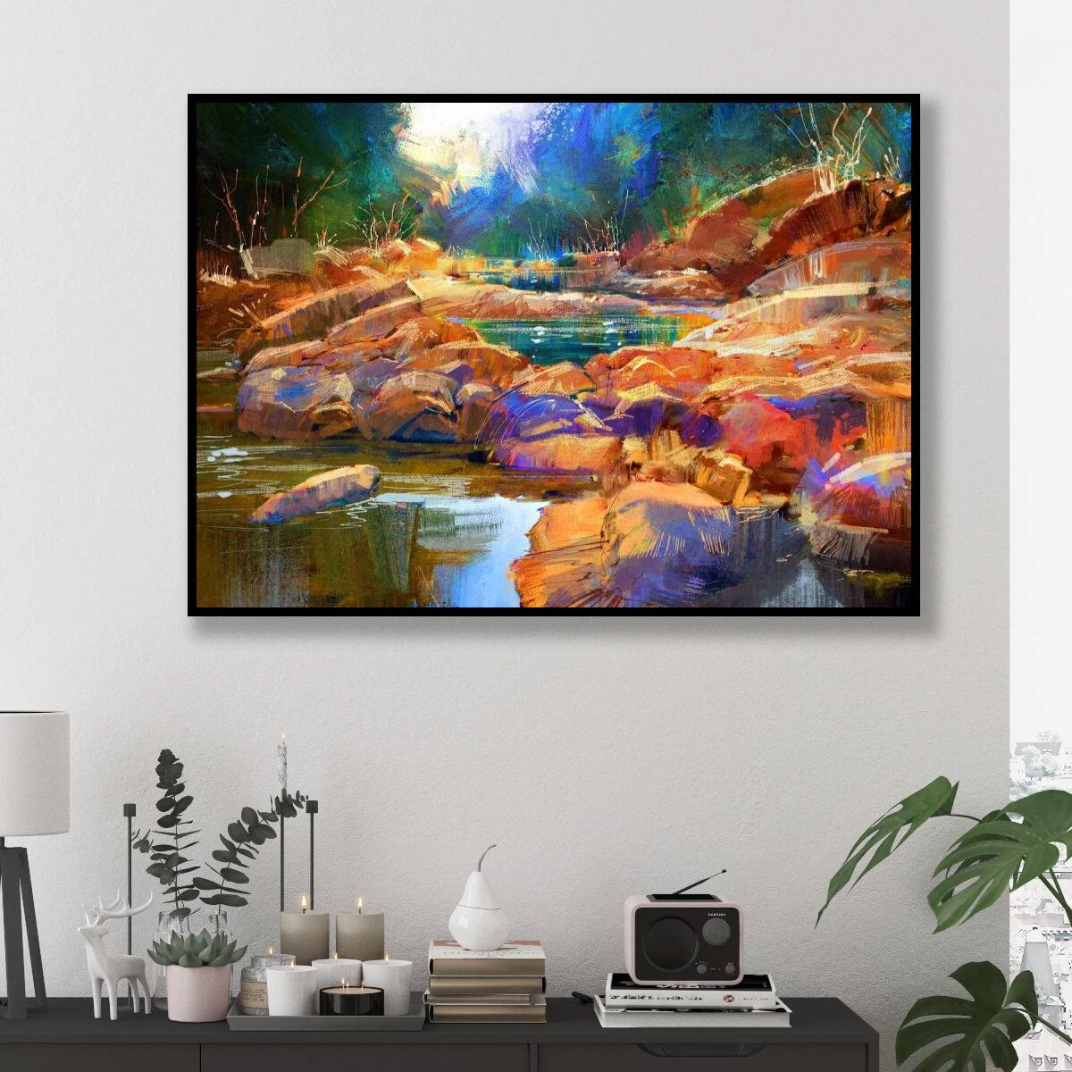 תמונת נוף של נחל ואבנים - ציור יפה על קנבס או זכוכית לסלון או לפינת אוכל דגם 728391