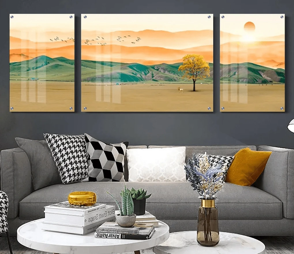 טרנדי: 3 תמונות זכוכית הרים נופים צבעוני חול ים בגווני כתום, כחול למטבח - דגם g24231102