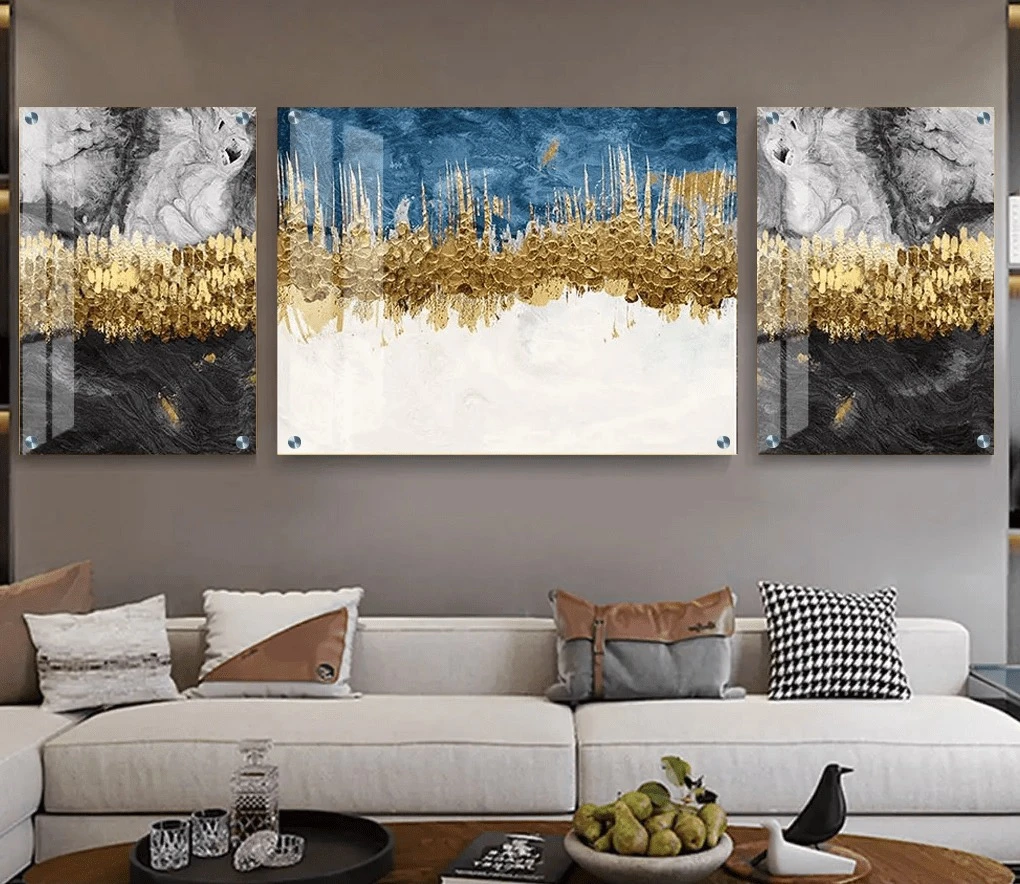 טרנדי: 3 תמונות זכוכית אבסטרקט זהב שחור בגווני כחול, שמנת, אפור, זהב למטבח - דגם g23903344