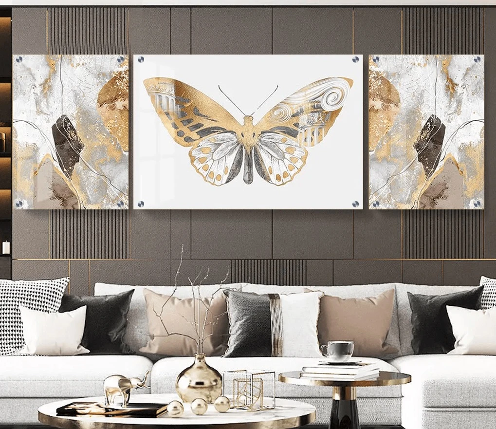 טרנדי: 3 תמונות זכוכית פרפר הזהב בגווני זהב, אפור לקליניקה - דגם g23915954