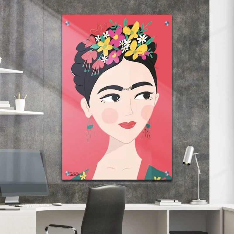 Frida Kahlo תמונת זכוכית לחדר שינה אווטר תמונת אמנות פופולארית על זכוכית בגווני ורוד, חום - דגם galvtm47p2817